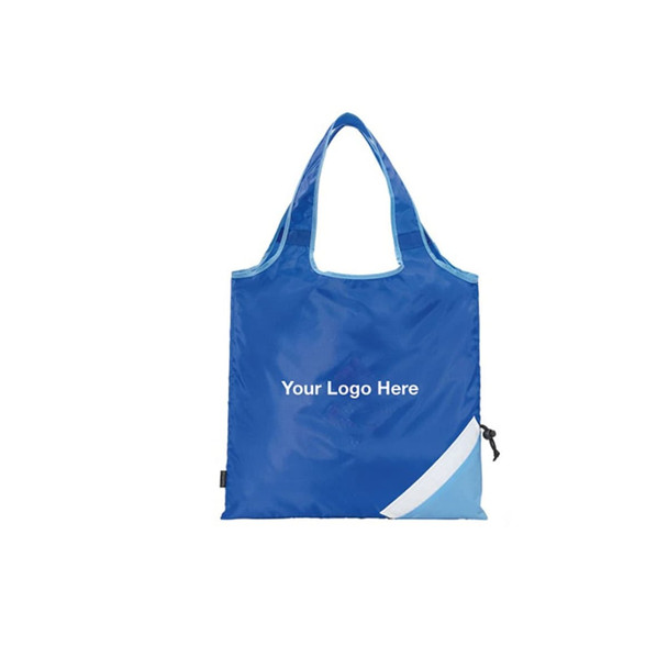 A blue foldaway shopping bag with a lighter blue accent and a space for a logo.