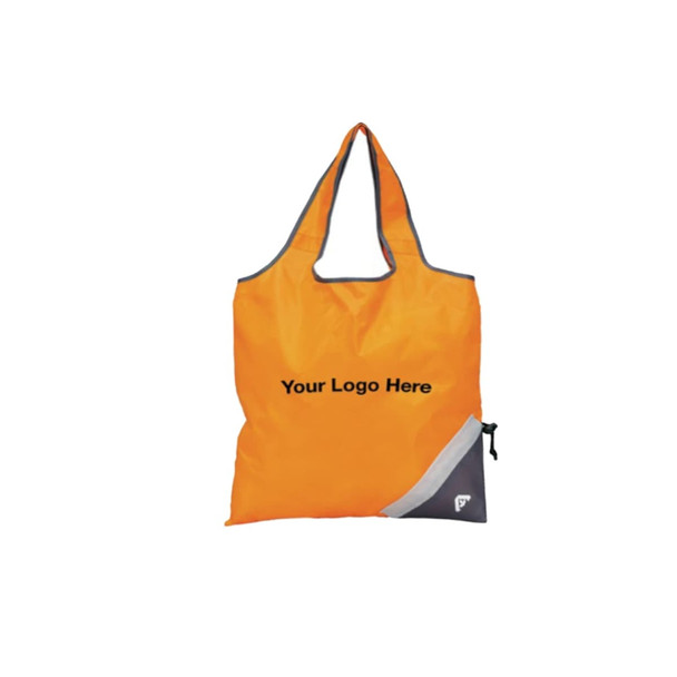 An orange foldaway shopping bag with a grey accent and a logo displayed on the front.