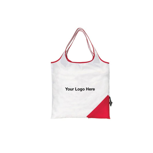 A foldaway shopping bag in white and red, featuring a logo area and two handles for carrying.