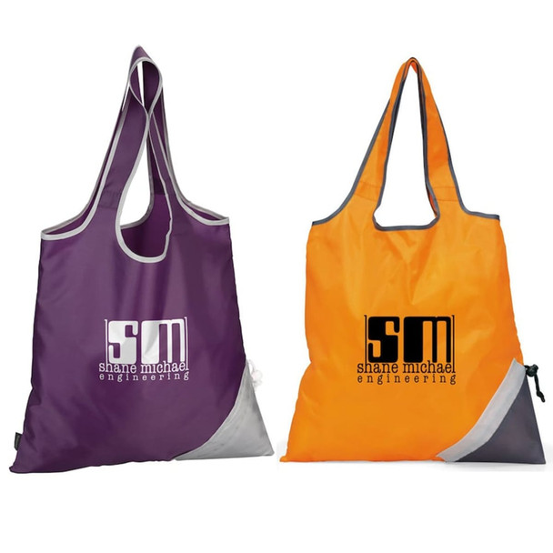 A purple and an orange foldaway shopping bag, each featuring a logo, with grey accents at the bottom.