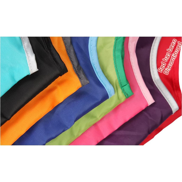 A variety of foldaway shopping bags in colours including teal, black, orange, purple, and pink, featuring a logo.
