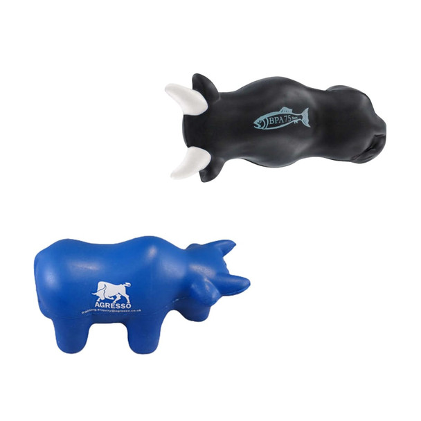 A black and blue bull-shaped stress reliever with contrasting horns, featuring a logo on each side.
