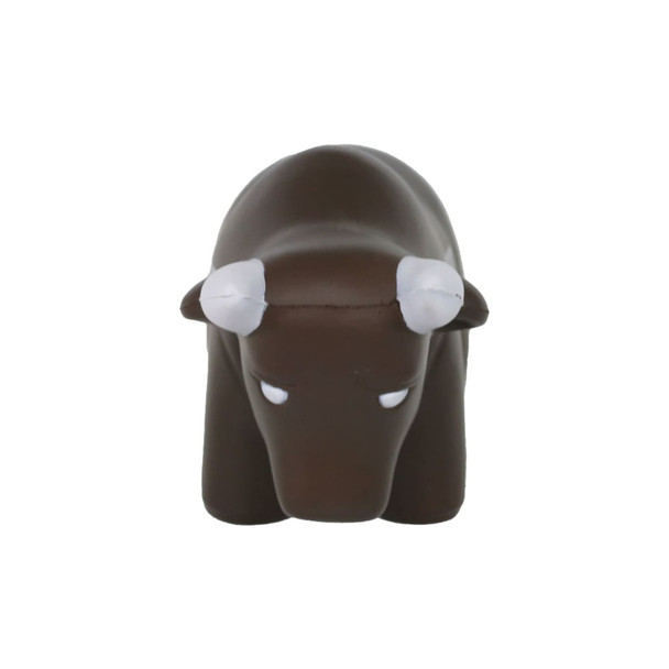 A brown bull-shaped stress reliever with white horns and minimal facial features. It has a smooth, rubbery texture.