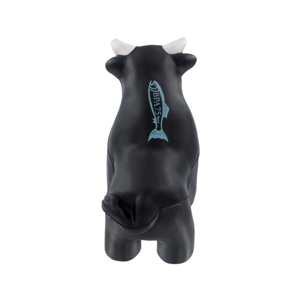 A black bull-shaped stress reliever with white horns and a branding logo on its side.