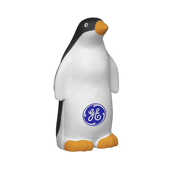 A penguin-shaped stress reliever in black, white, and orange, featuring a logo on its front.