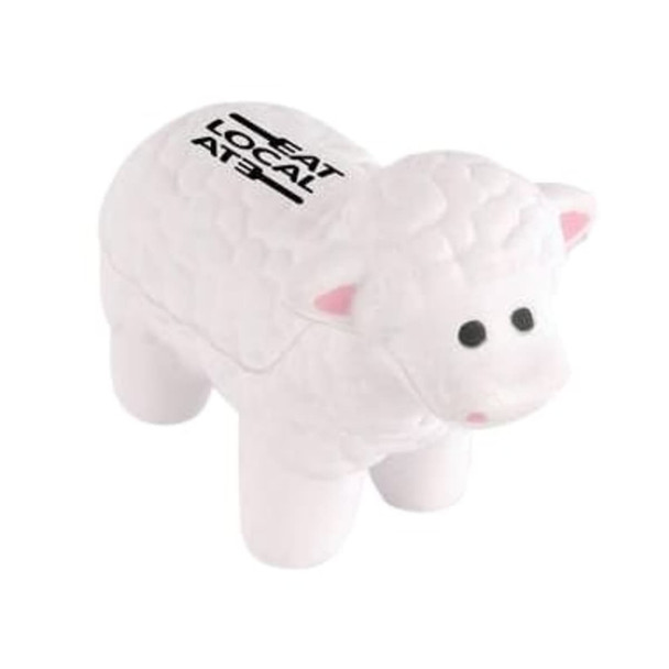 A white sheep-shaped stress reliever with a textured design and black branding on its side.