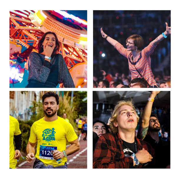 A collage featuring various individuals wearing colourful Tyvek wristbands at events, including a concert and a run.