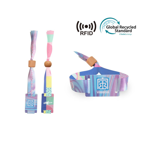 Colourful RPET fabric wristbands with RFID cards, featuring a vibrant design and a wooden bead. Includes a logo.