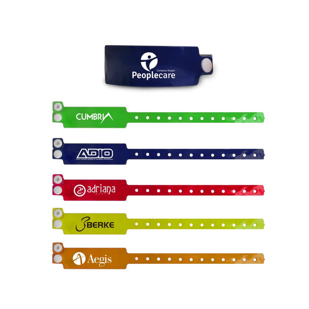 A selection of six disposable reflective PVC wristbands in various colours, each featuring a logo.