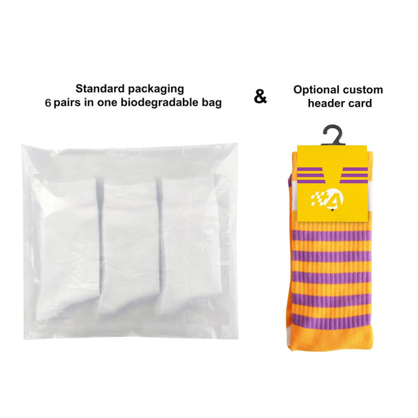 Woven work socks featuring a towel bottom, displayed in a biodegradable bag with an optional custom header card. Orange and purple colours.