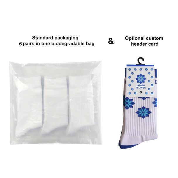 Crew woven work socks with a towel bottom, featuring a blue and white design, packaged in a biodegradable bag.