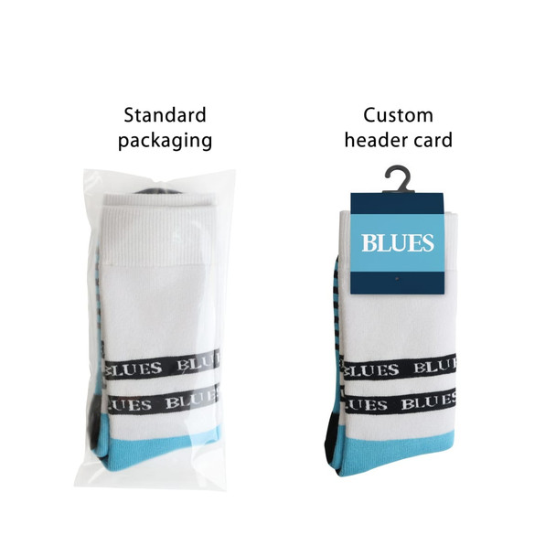 Crew Woven Bamboo Work Socks in white and aqua, presented in standard packaging and with a custom header card.