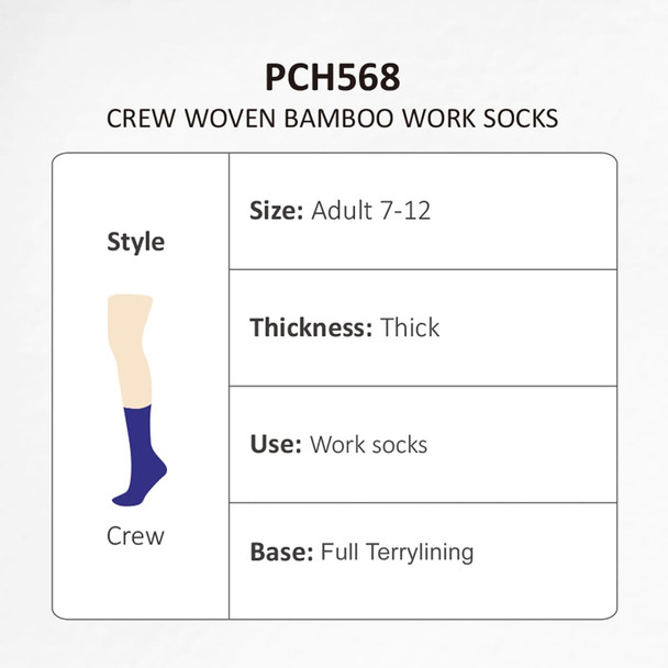 A pair of crew woven bamboo work socks in purple, featuring a logo and detailed specifications.