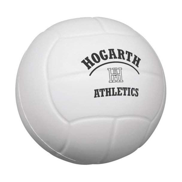 A white volleyball-shaped stress reliever with a black logo and text. Ideal for stress relief and fun.