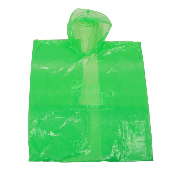 A green poncho made of plastic, featuring a hood and a simple design, with a logo on the front.