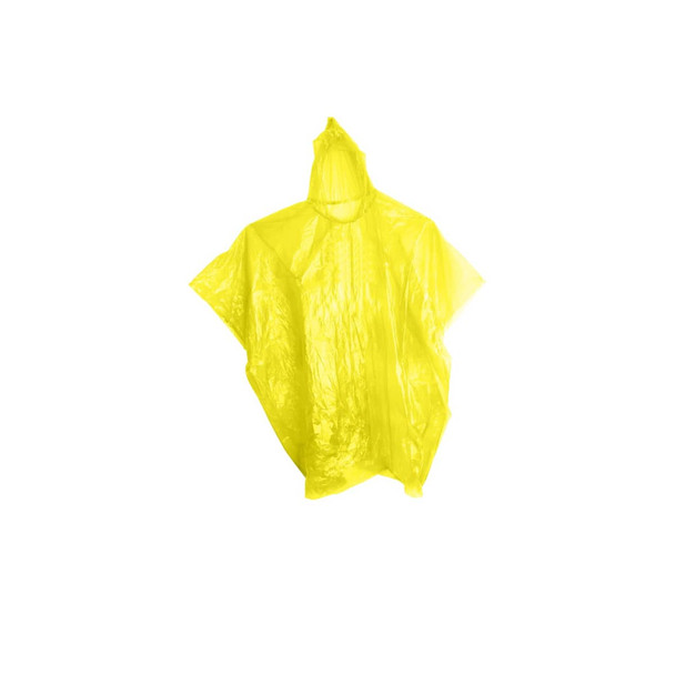 A yellow poncho made of lightweight material, featuring an attached hood and loose-fitting design.
