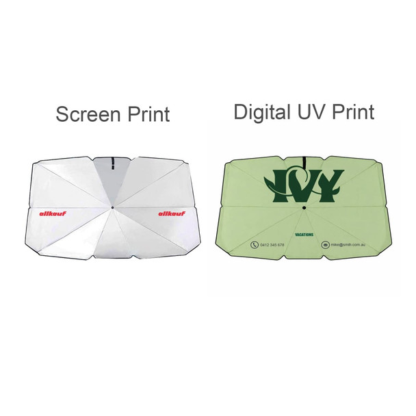 A large car shade umbrella in white with a logo, and a green version featuring digital UV print.