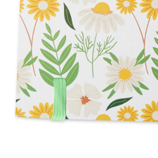 A5 notebook with a full-colour floral design featuring yellow daisies, green leaves, and a green elastic band.