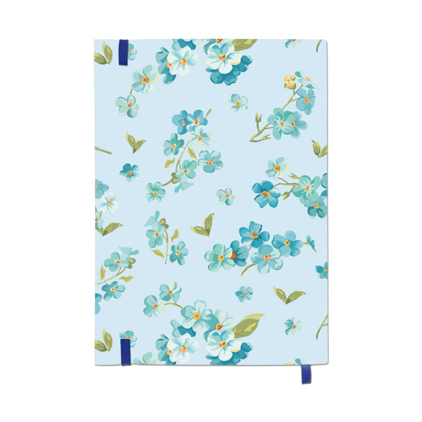 A B5 notebook featuring a light blue cover with a floral pattern in shades of blue and green. It has a logo on the cover.