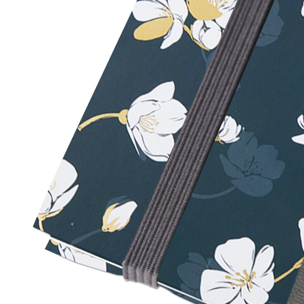 Floral-patterned B5 notebook with a cardboard cover and an elastic band for closure, featuring dark blue and white tones.