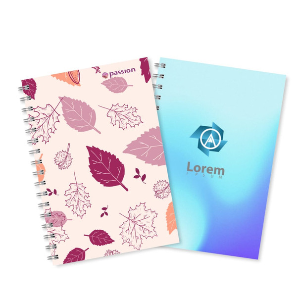 A5 full colour wiro binding notebook featuring a leaf pattern in pink and a gradient blue cover with a logo.
