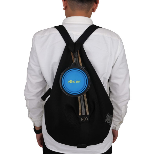 A collapsible blue silicon bowl attached to a black backpack, featuring a logo on its surface.
