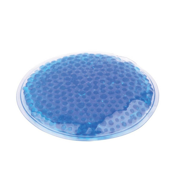 A blue gel cold/hot pack with a textured surface and circular shape, featuring a logo.