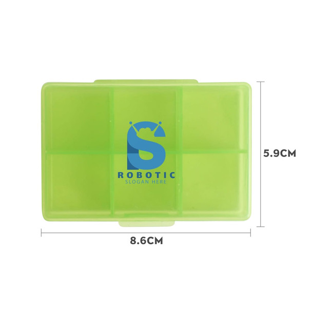 A green square pill box with six compartments, featuring a logo on the surface. Dimensions are 8.6cm x 5.9cm.