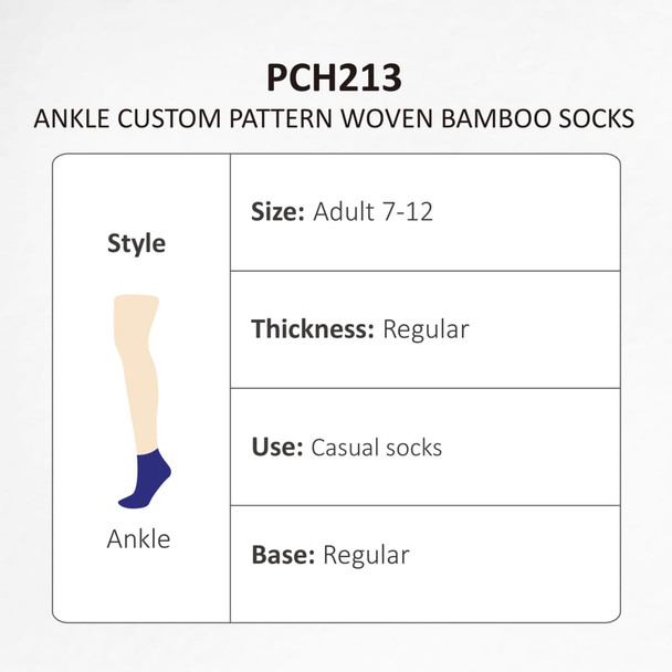 Ankle bamboo socks in a custom pattern, suitable for adults size 7-12, featuring a regular thickness and design.