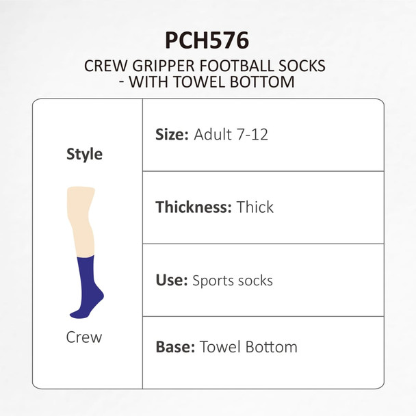 Crew Gripper football socks in navy with a towel bottom feature. Designed for adults, sizes 7-12, and thick in style.