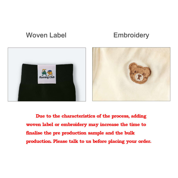 A close-up of two fabric details: a woven label and an embroidered bear, both on a clothing item.