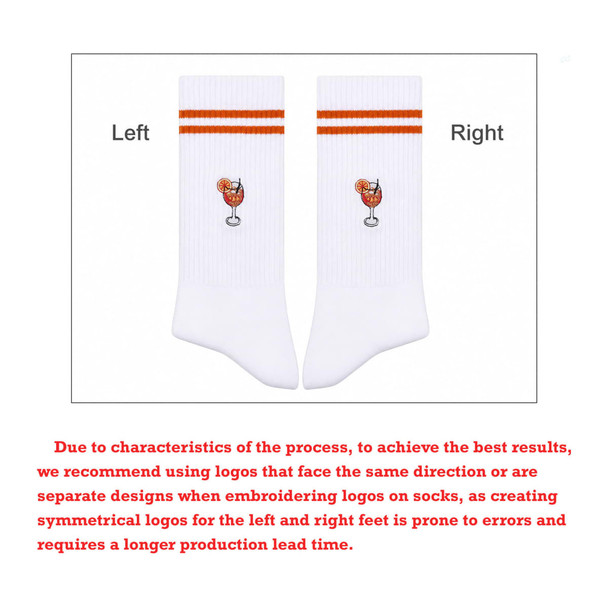 Crew Premium Digital Printed Socks in white with orange stripes and a decorative drink logo, featuring left and right designs.