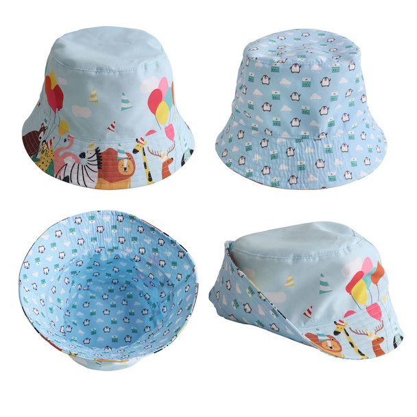 A light blue bucket hat featuring playful animal illustrations and a festive design. Includes branding on the side.