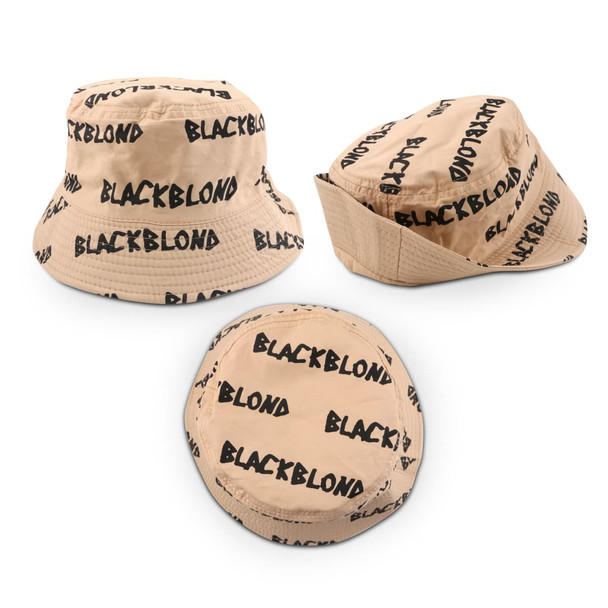 A full-size sublimation bucket hat in beige with repeated black branding, showcasing multiple angles of the product.