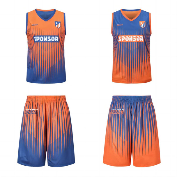 A reversible basketball singlet in blue and orange with a logo, featuring a gradient design. Includes matching shorts.