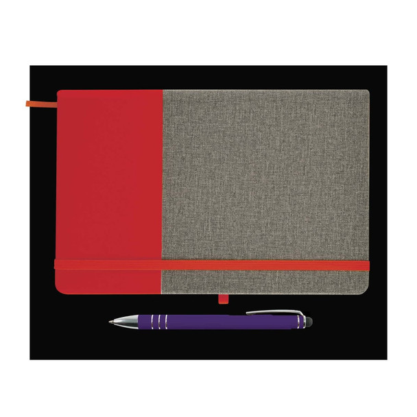 A notebook with a grey and red cover and a matching elastic band, accompanied by a purple pen.