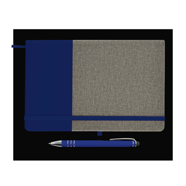 A notebook with a textured beige cover and a navy blue section, accompanied by a blue pen with silver accents.