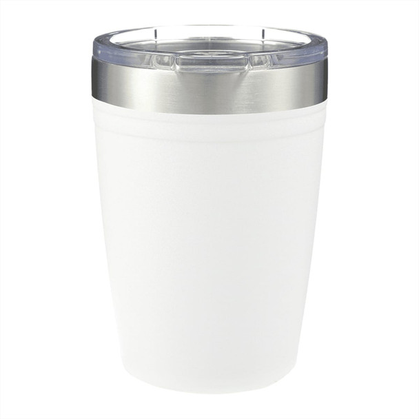 A drink tumbler with a frosted white body and a stainless steel rim, featuring a clear lid. A drink tumbler with a frosted white body and a stainless steel rim, featuring a clear lid.