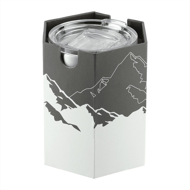 A drink bottle with a mountain design, featuring a clear lid and a grey and white colour scheme. It includes branding. A drink bottle with a mountain design, featuring a clear lid and a grey and white colour scheme. It includes branding.