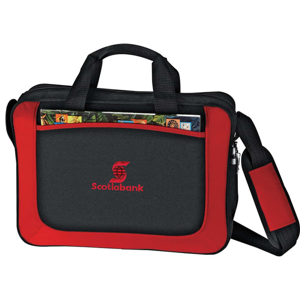 A black and red laptop briefcase with dual handles and a removable shoulder strap. It features a front pocket and a logo. A black and red laptop briefcase with dual handles and a removable shoulder strap. It features a front pocket and a logo.