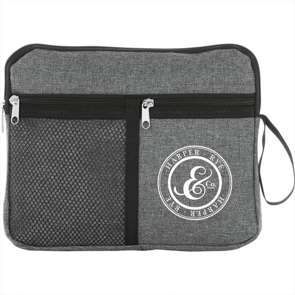 A grey multi-purpose travel bag with a zippered front pocket and a mesh section, featuring a logo.