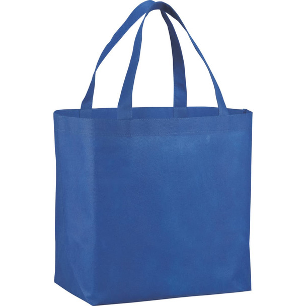 A blue non-woven shopper tote bag with two sturdy handles and a spacious design. Features a logo on one side.