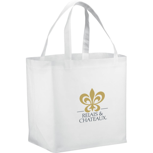 A white non-woven tote bag with two handles and a logo on one side. Features a spacious design for carrying items.