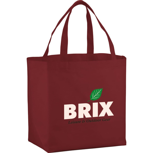 A maroon non-woven shopper tote bag with two handles and a logo on the front.