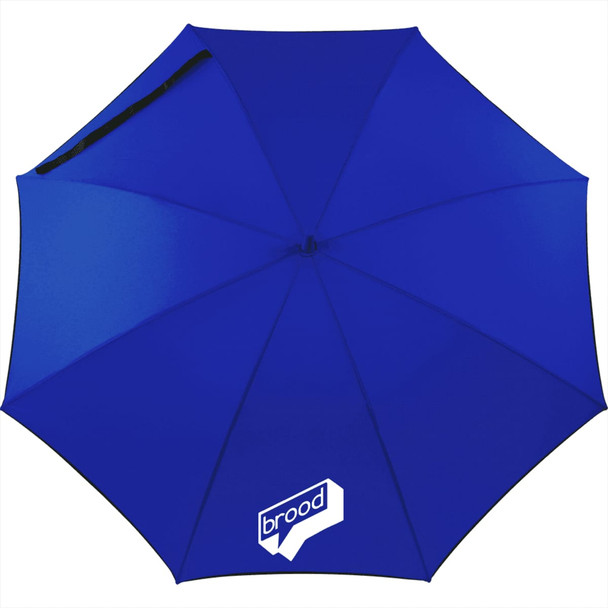 A blue auto open fashion umbrella with a logo on the canopy, designed for leisure and outdoor use.