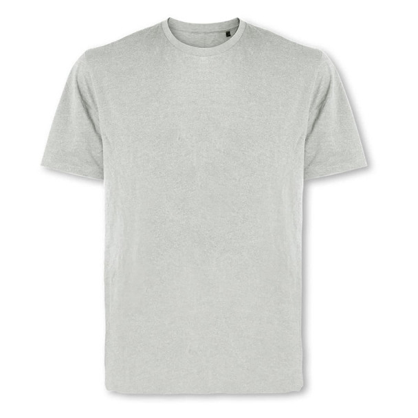 A grey men's t-shirt with short sleeves and a round neckline, featuring a logo on the label.