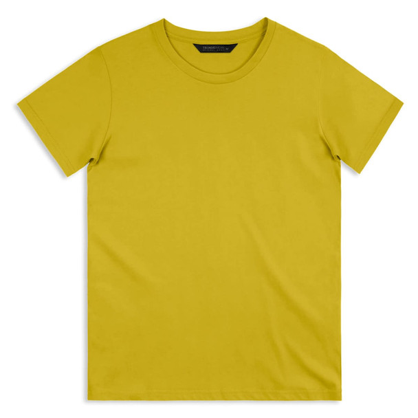 A yellow T-shirt with a round neck and short sleeves, featuring a logo on the label.