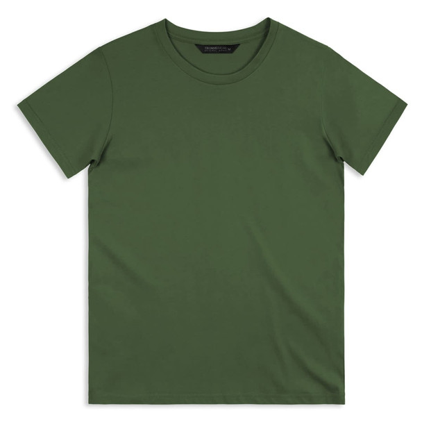 An olive green men's t-shirt with a classic crew neck and short sleeves. It features a logo.