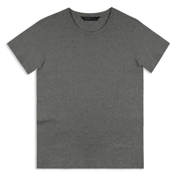 A grey men's t-shirt with a round neck and short sleeves, featuring a logo on the inside.