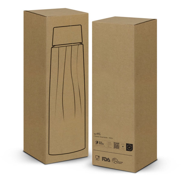 A drink bottle packaging in a brown cardboard box with an illustrated design, featuring a logo.